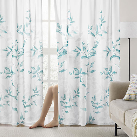 HOMEIDEAS teal and white sheer curtains installed in a bright room