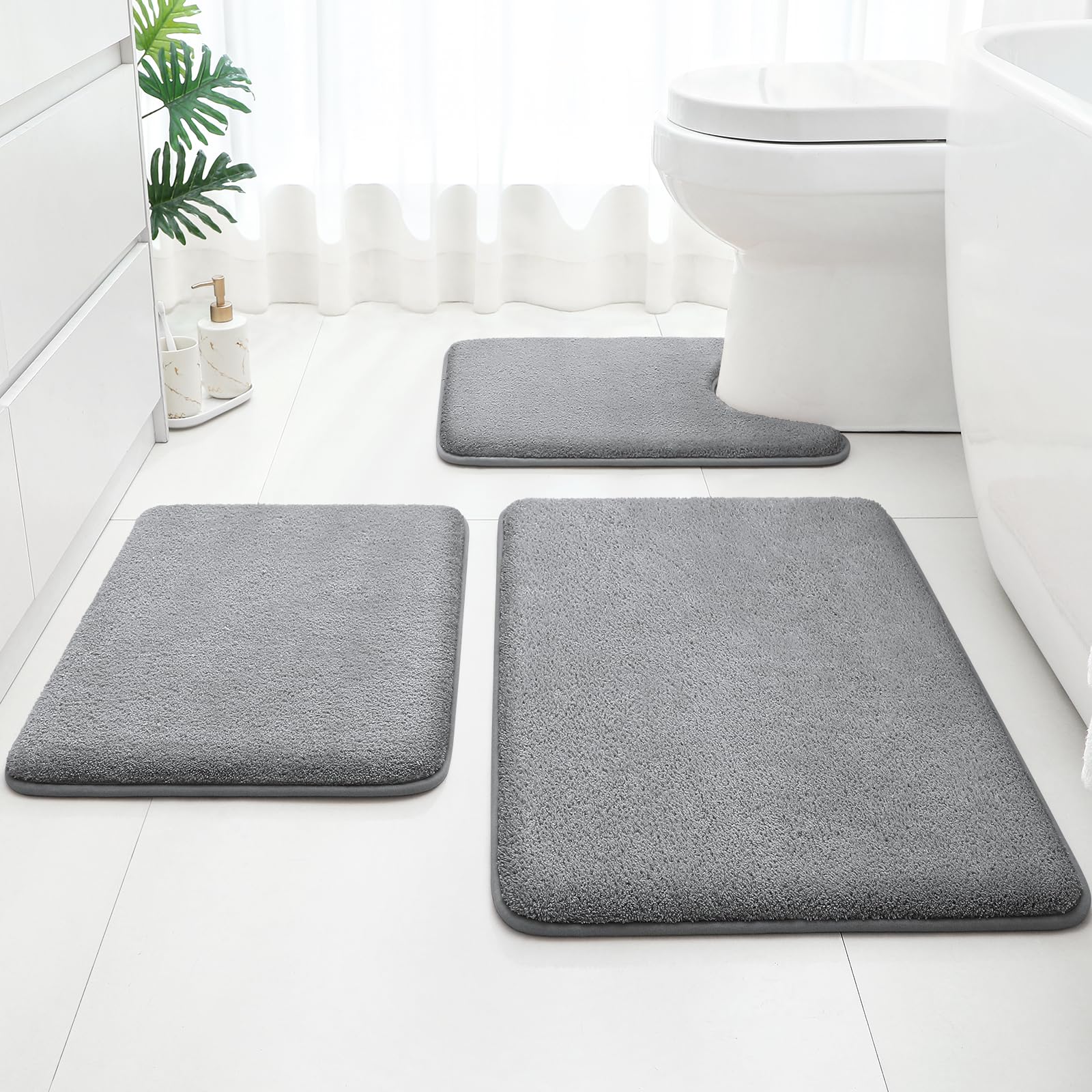 HOMEIDEAS Upgraded 3-Piece Bath Rugs grey plush velvet surface for cloud-soft comfort