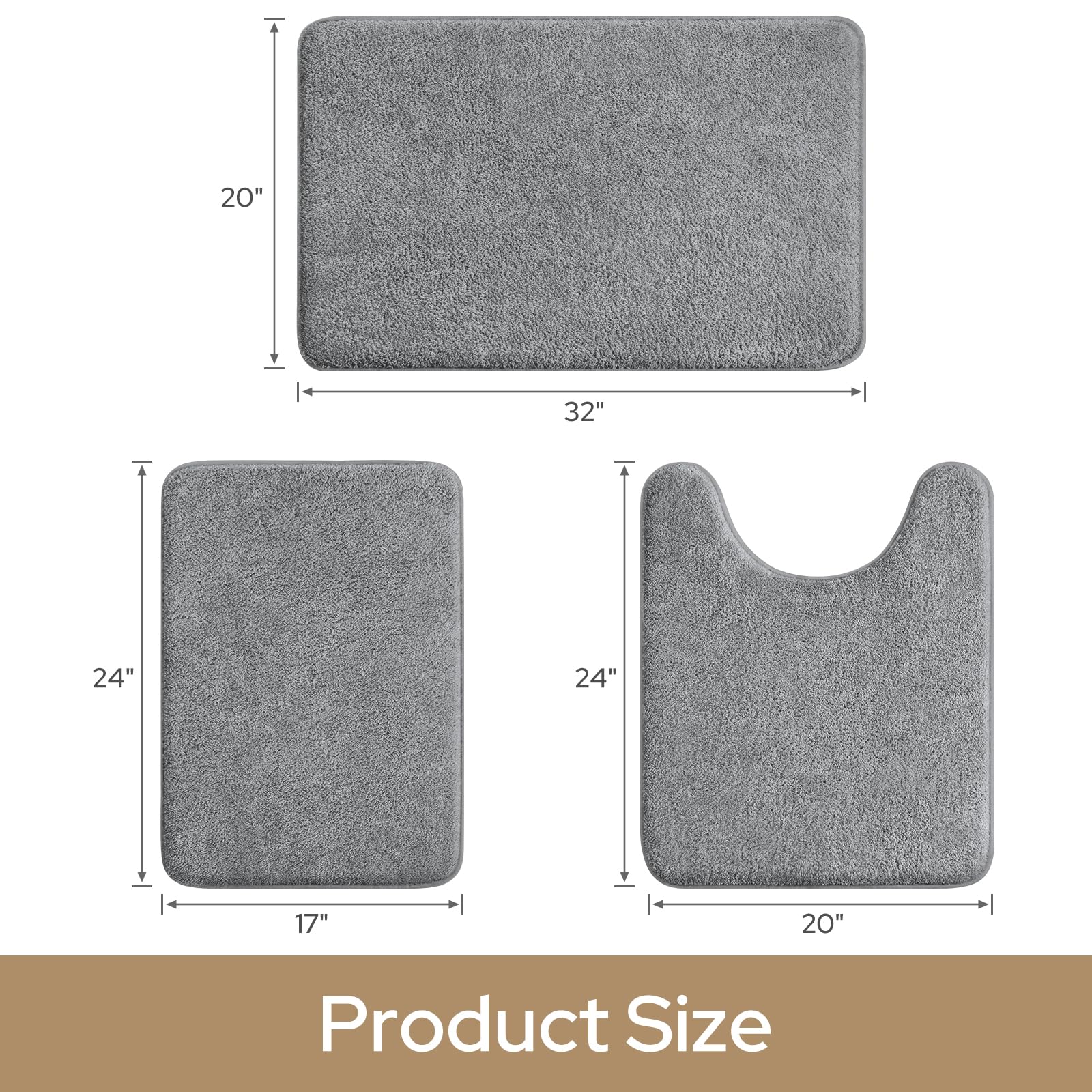 HOMEIDEAS 3pc grey rug set 20x32 runner absorbent fibers for quick foot drying