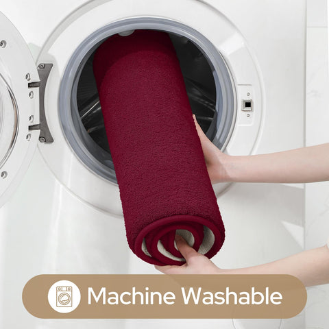 HOMEIDEAS burgundy U-shaped mat fits around the toilet base neatly.
