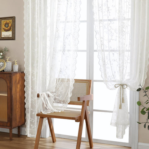 HOMEIDEAS ivory vintage lace curtain panel with floral rose motif for airy bedroom privacy.