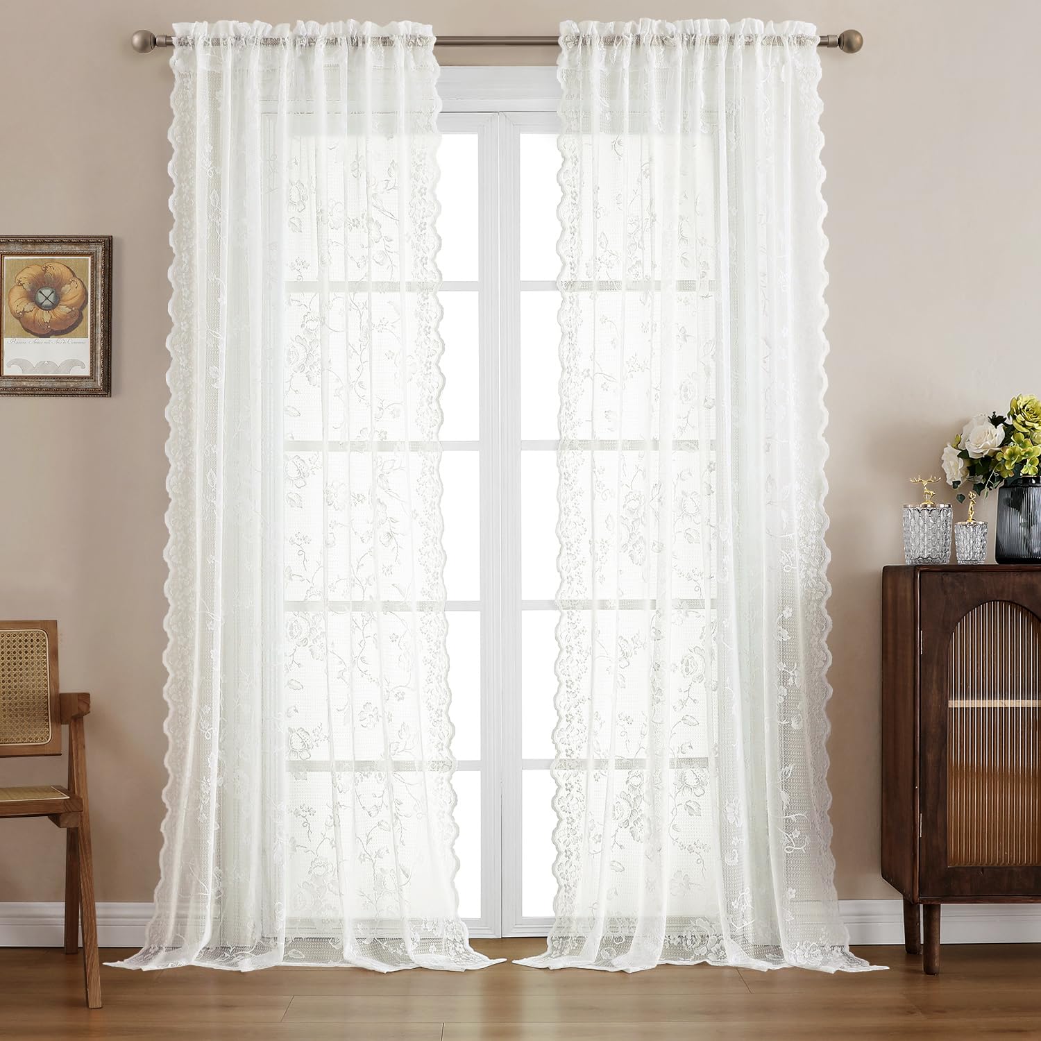 HOMEIDEAS lace curtain pair provides soft light diffusion for cozy living spaces.