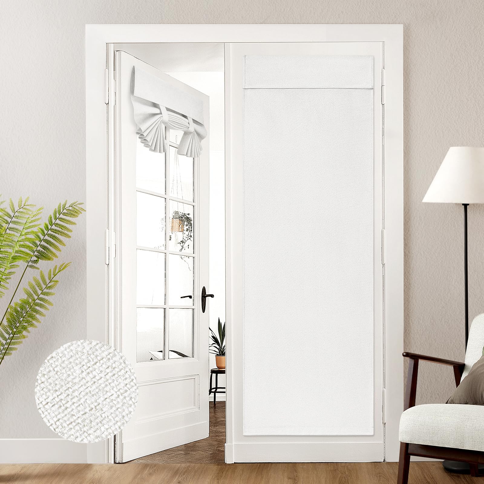 HOMEIDEAS white linen blackout French door curtain front view two sided texture for seamless styling