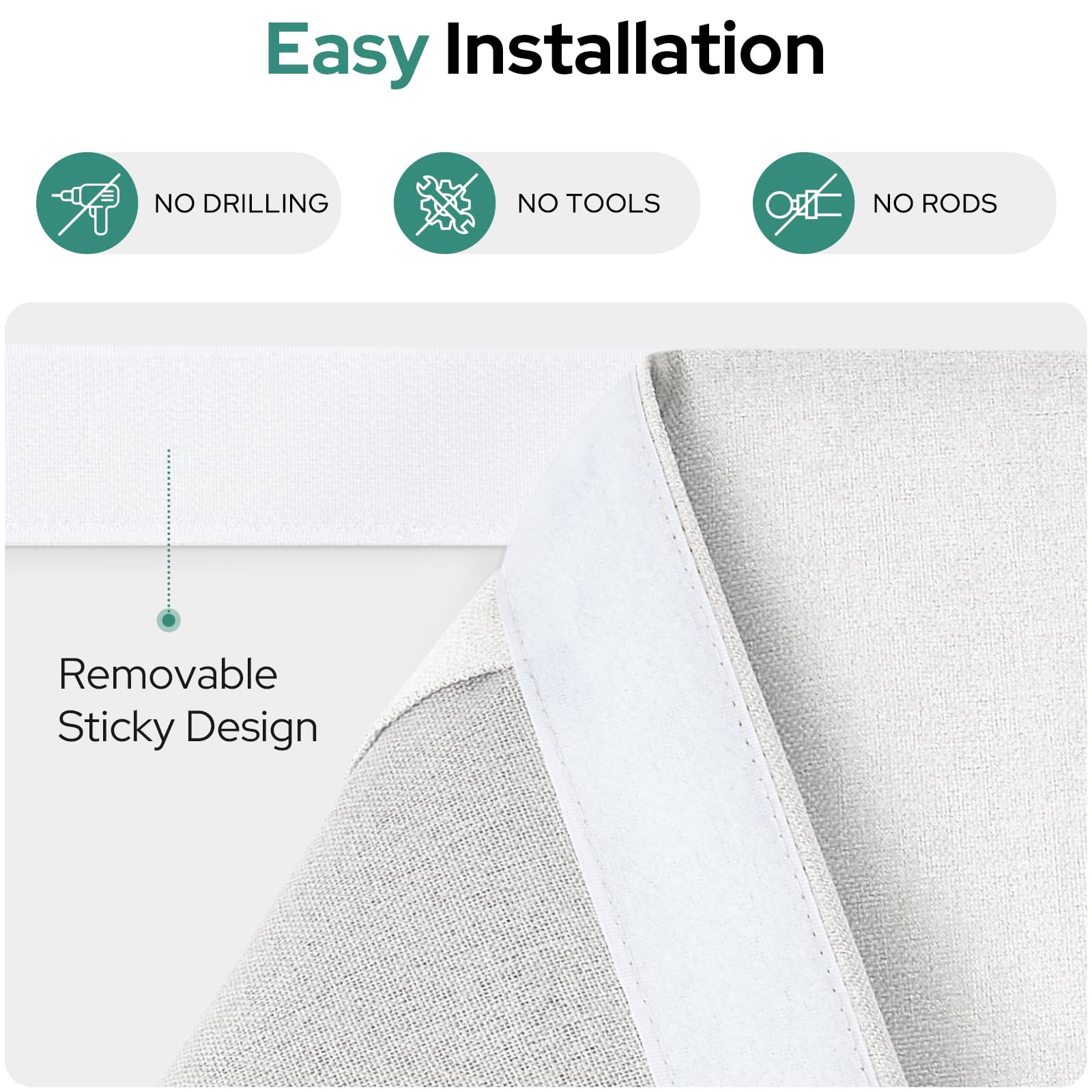 HOMEIDEAS white linen blackout French door curtain adhesive installation kit shown