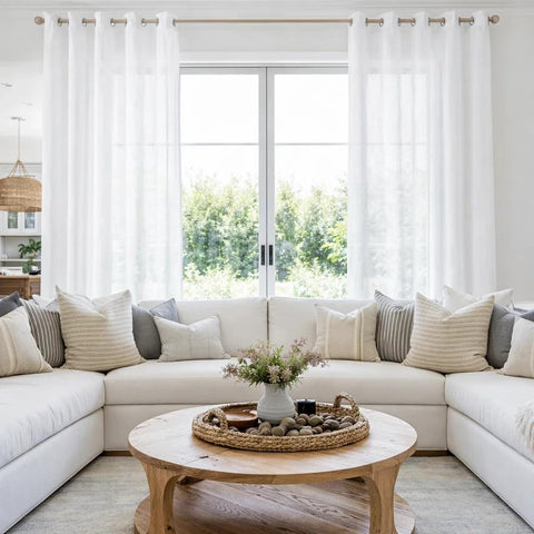 HOMEIDEAS white linen sheer curtains living room ambiance with soft daylight