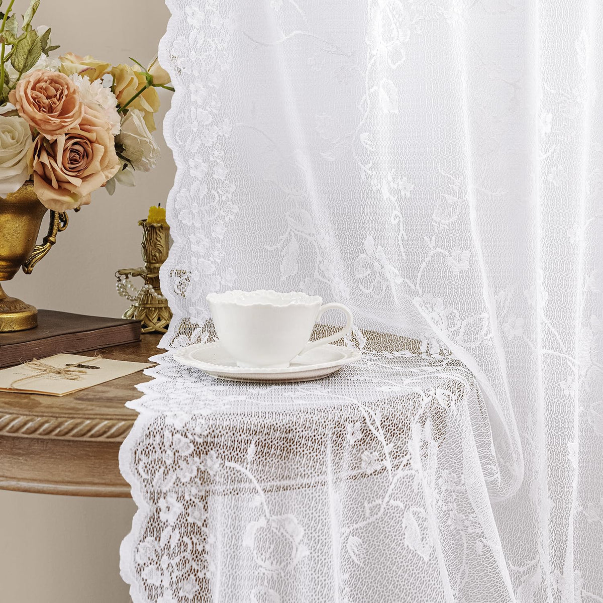 HOMEIDEAS Rose-Ivy lace curtain offers romantic floral motifs for elegant living room decor.