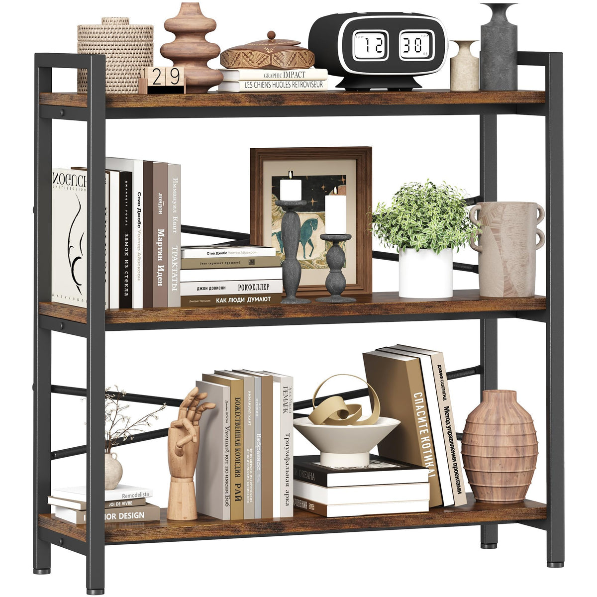 Homeiju 3-tier book shelf shows ample storage for books and decor.