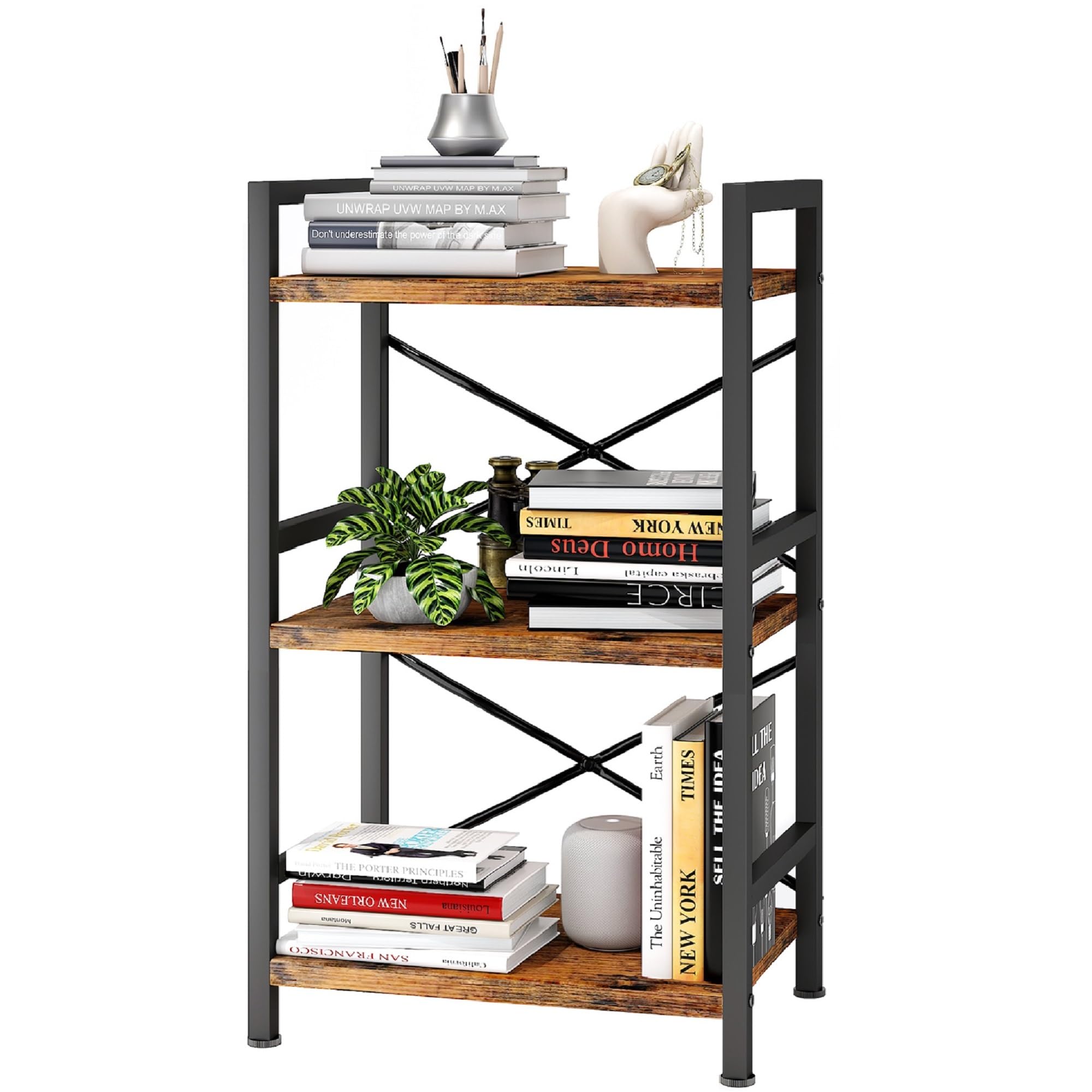 Homeiju Bookshelf with 3-tier industrial frame for compact storage.