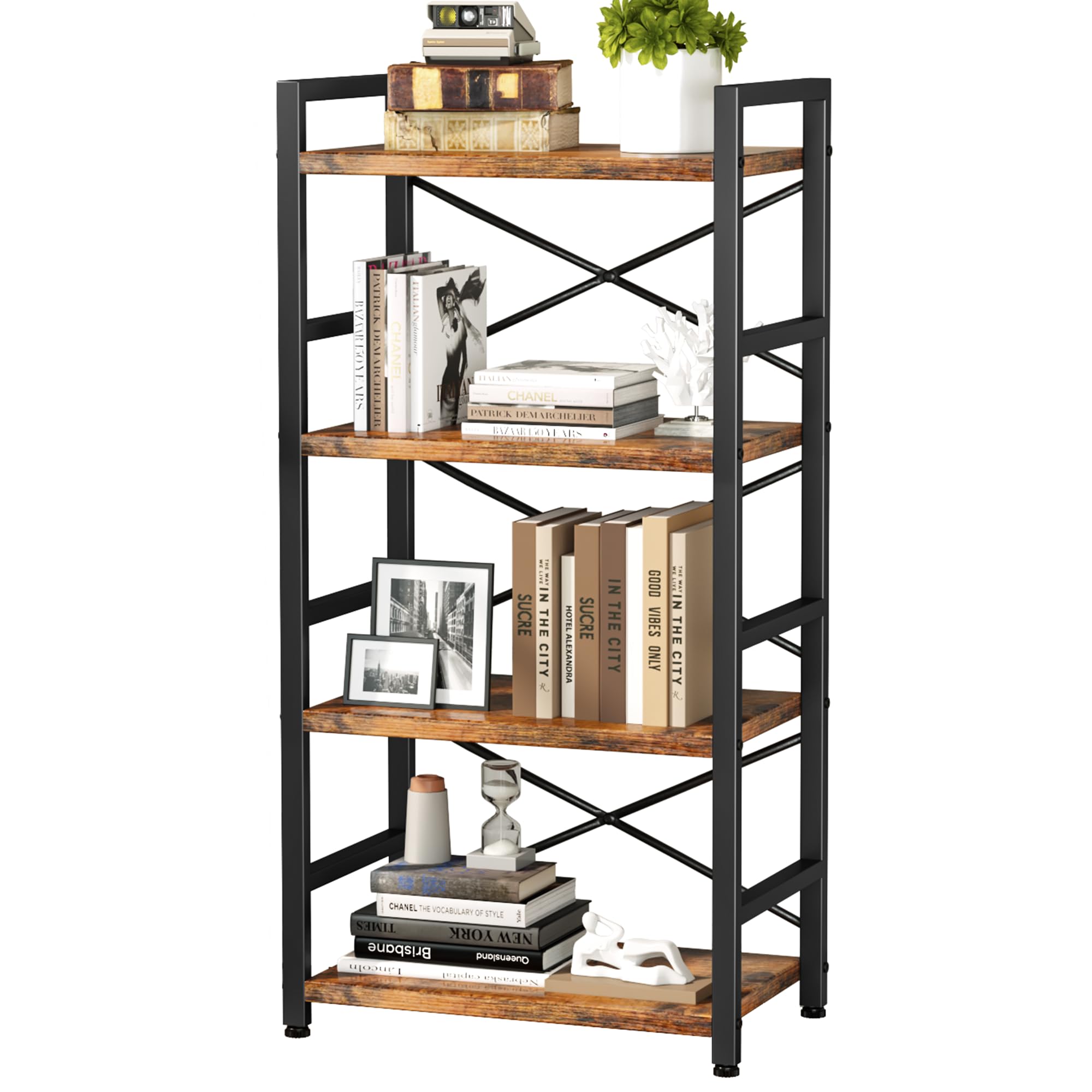 Homeiju Bookshelf 4-tier rustic brown provides durable living room storage.