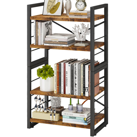 Homeiju Bookshelf 4-tier stackable shows sturdy wood and metal for organized living spaces.