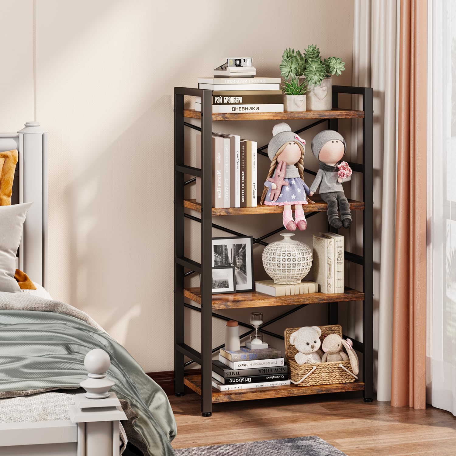Homeiju Bookshelf adjustable feet adapt to uneven floors for steadier placement.