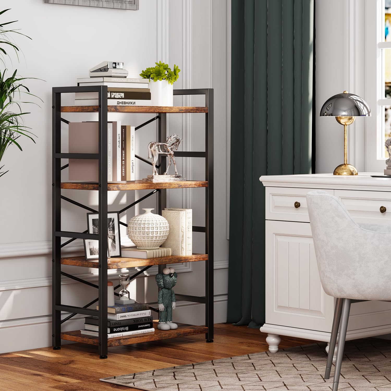 Homeiju Bookshelf back X-wire design enhances stability for tall displays.