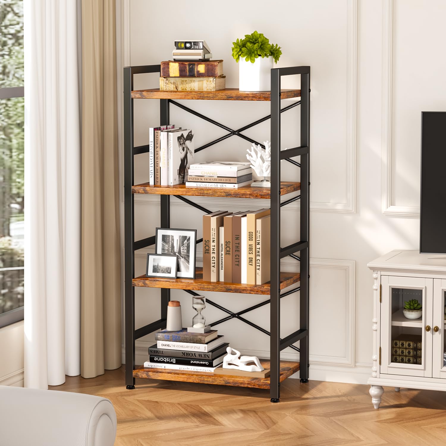 Homeiju Bookshelf carbon steel frame and MDF shelves ensure long-term solidity.