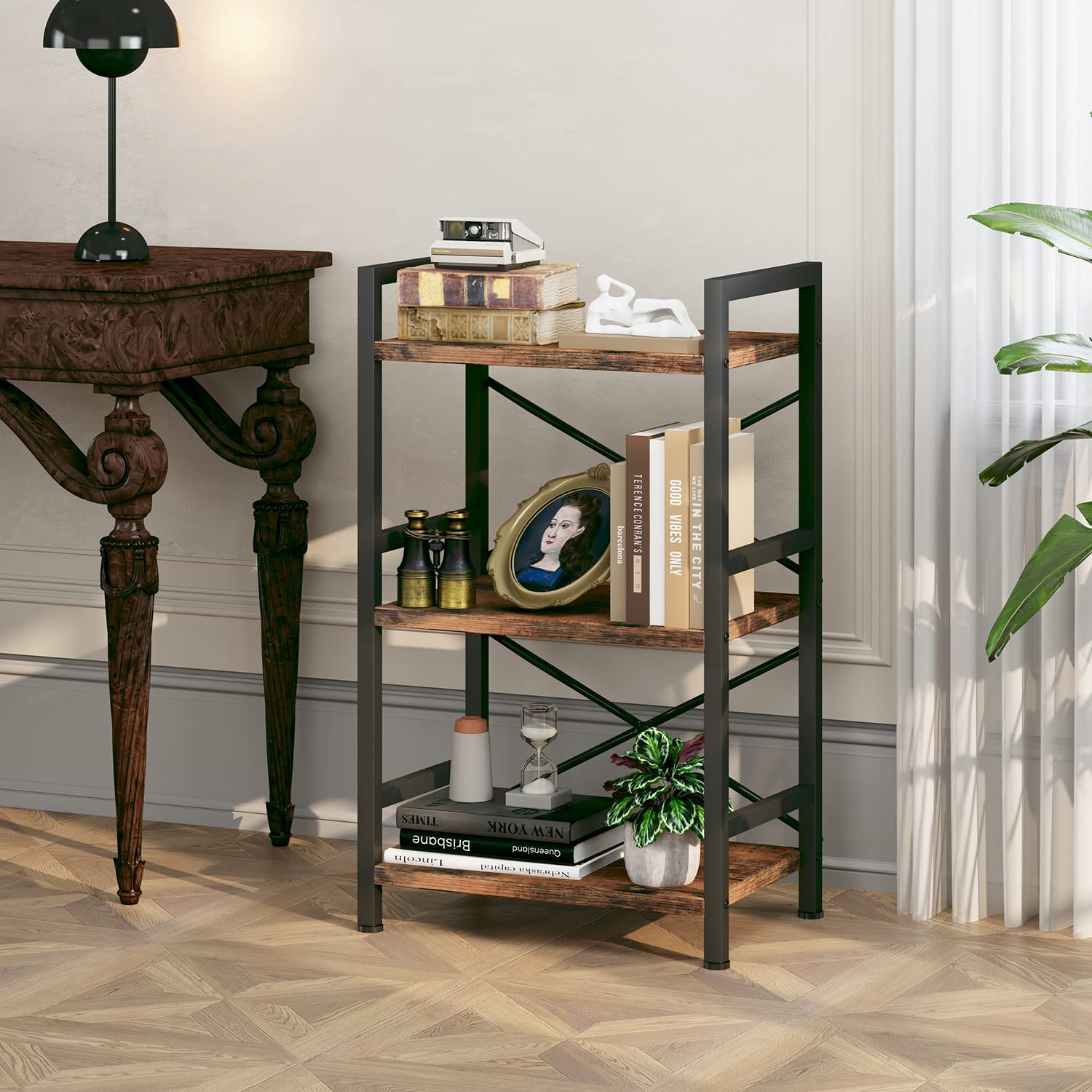 Homeiju Bookshelf rustic brown finish adds vintage charm.