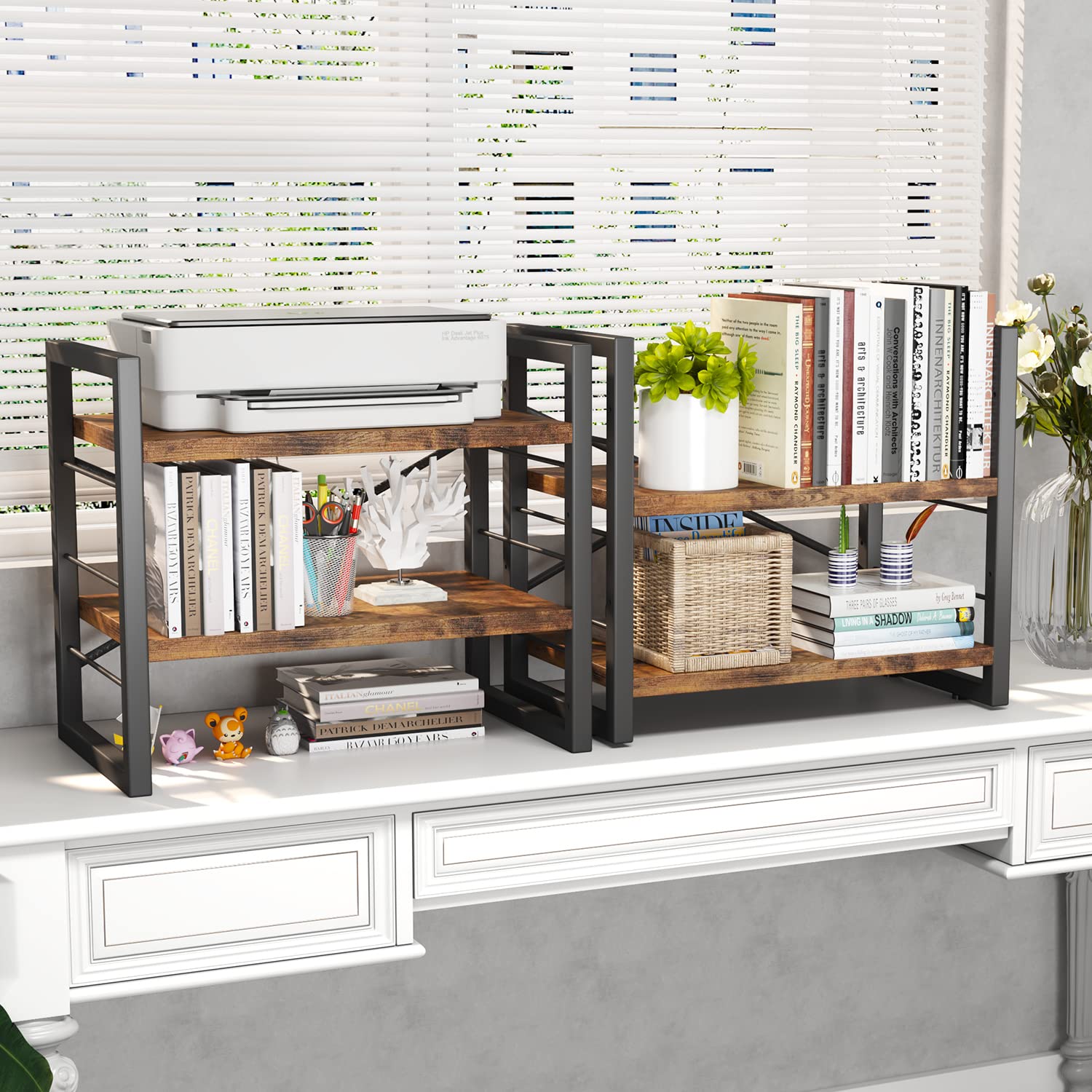 Homeiju Industrial bookcase in rustic black and brown complements living room decor.