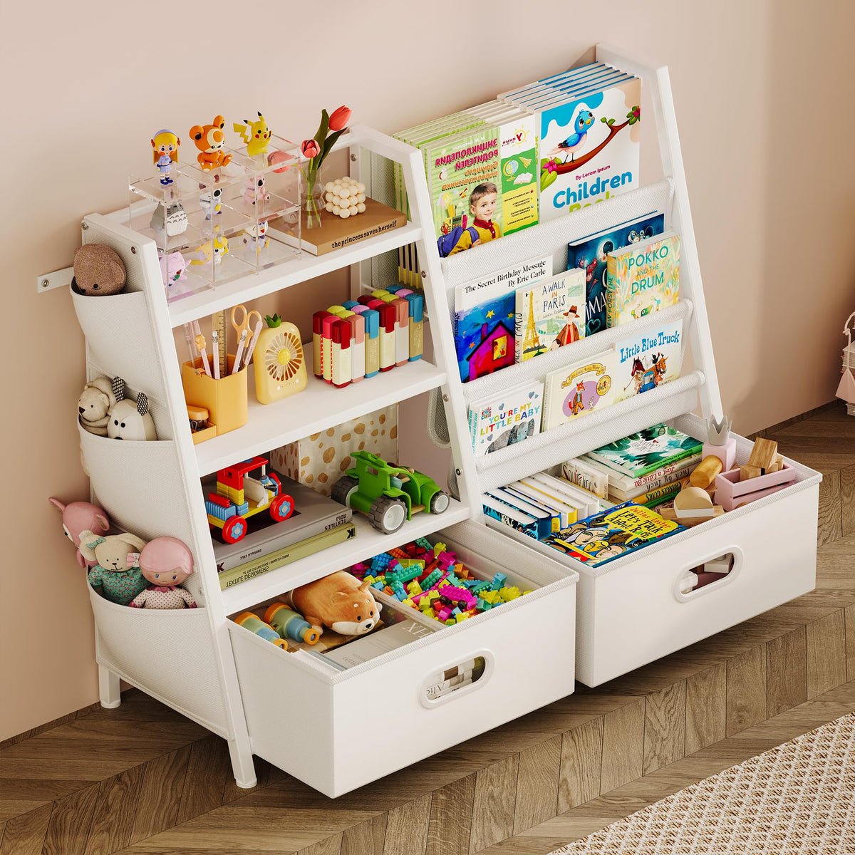 Homeiju kids bookshelf sling design for easy reach and tidy reading corner.