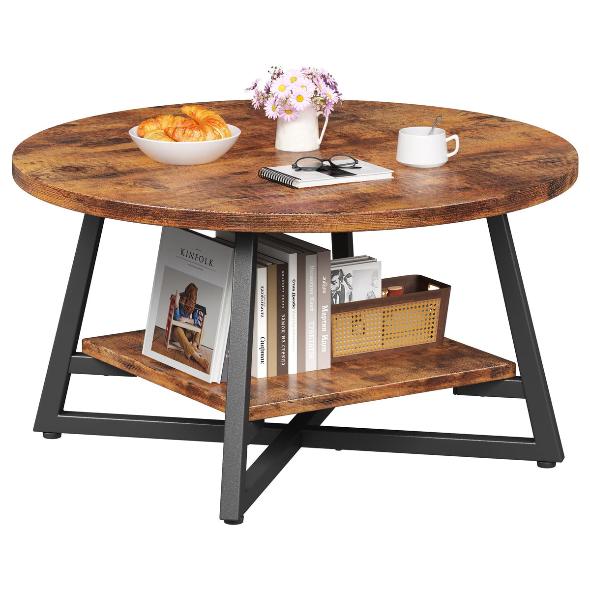 Homeiju round coffee table with 2-tier storage for living room organization.