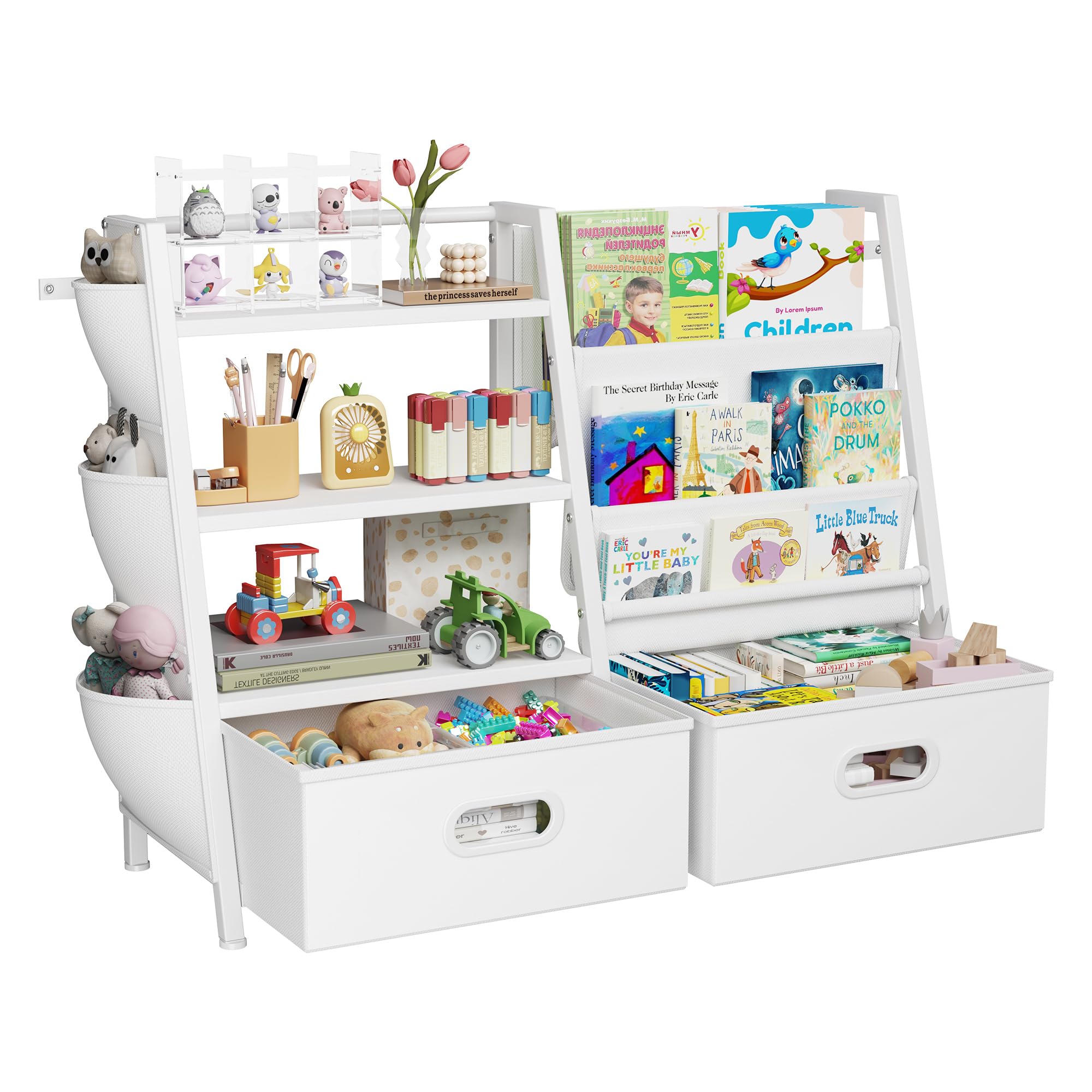 Homeiju three-tier shelf keeps books and toys organized and accessible.
