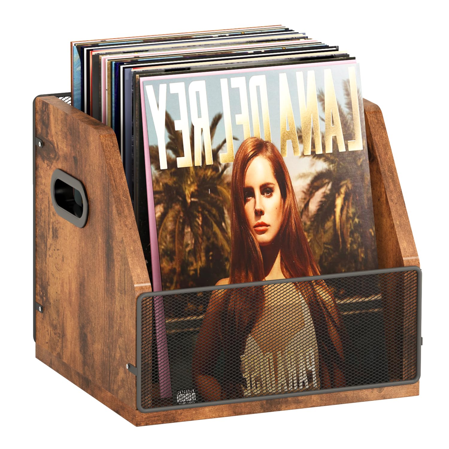 Homeiju vinyl storage crate side view showing capacity for 60 LP records