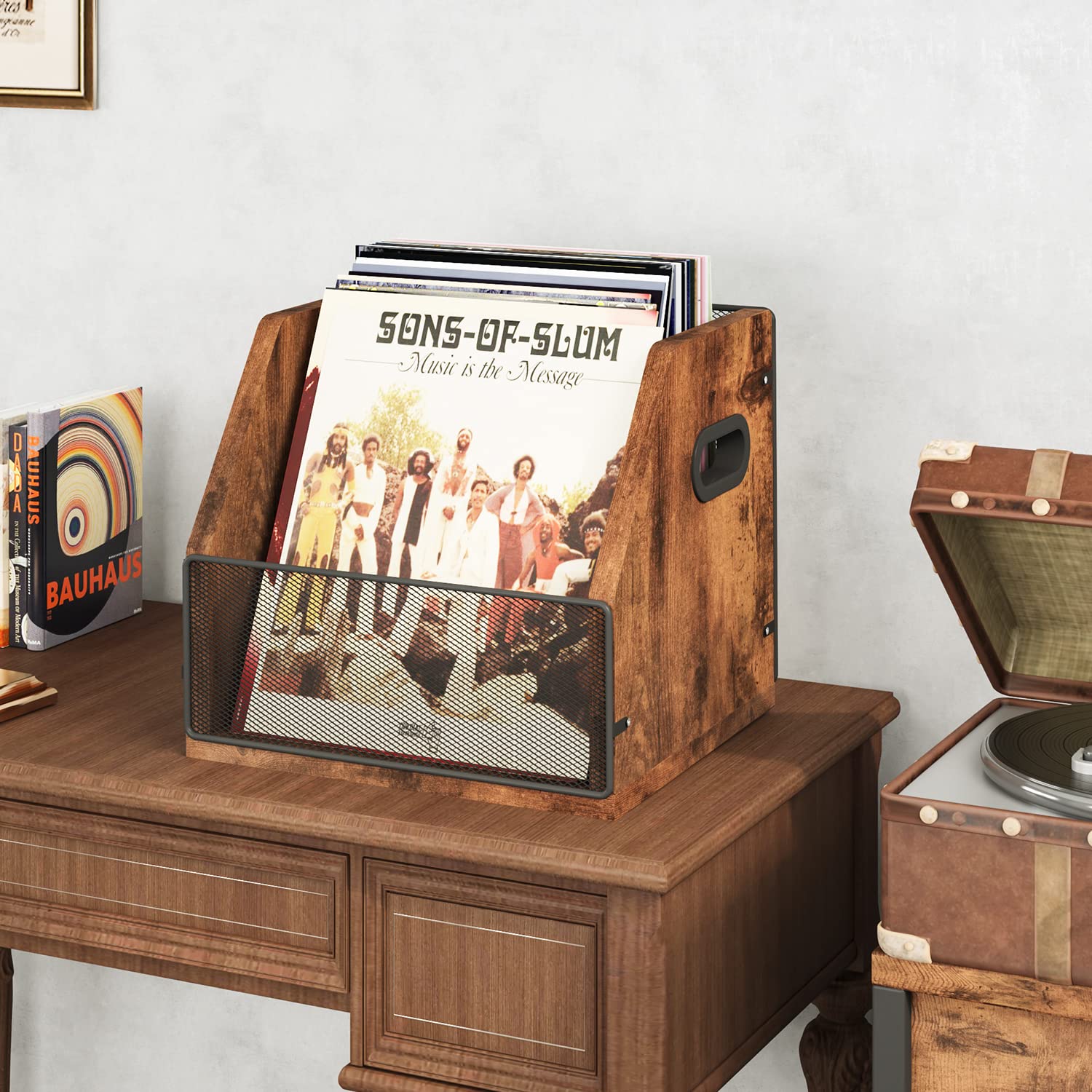 Homeiju vinyl storage crate top view highlights accessible, organized display