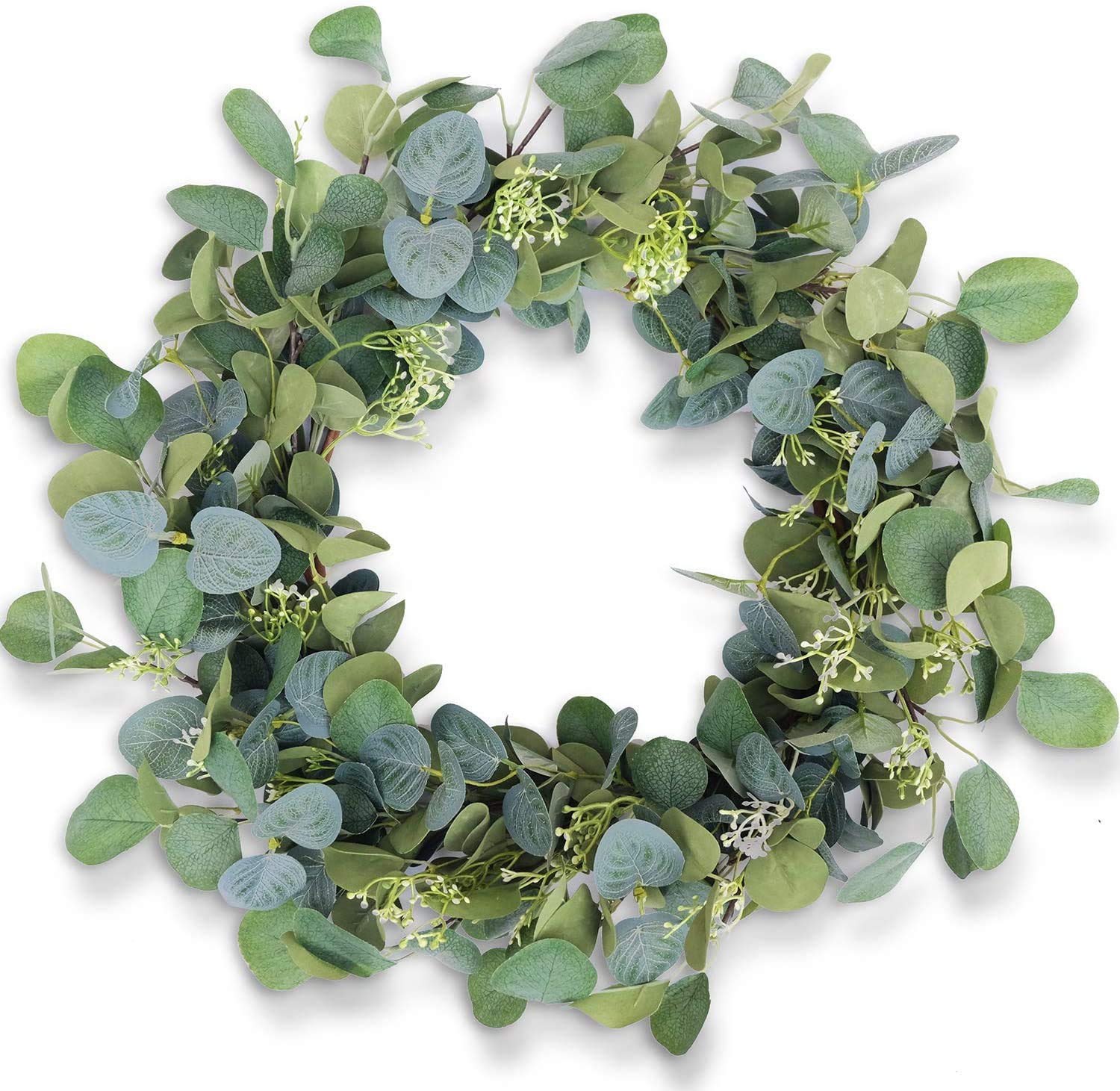 HomeKaren eucalyptus wreath on the front door, 20-inch diameter, year-round curb appeal.