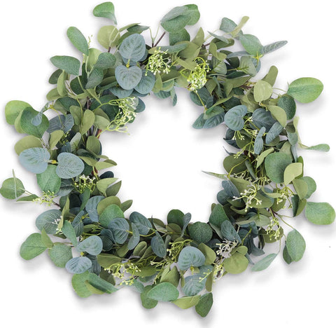 HomeKaren eucalyptus wreath on the front door, 20-inch diameter, year-round curb appeal.