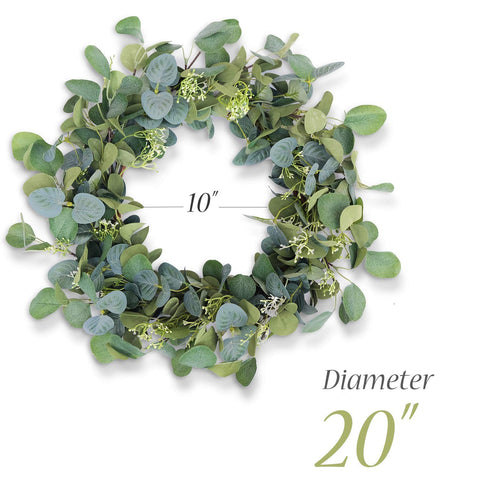 HomeKaren eucalyptus wreath greenery detail shows lifelike leaves and texture.