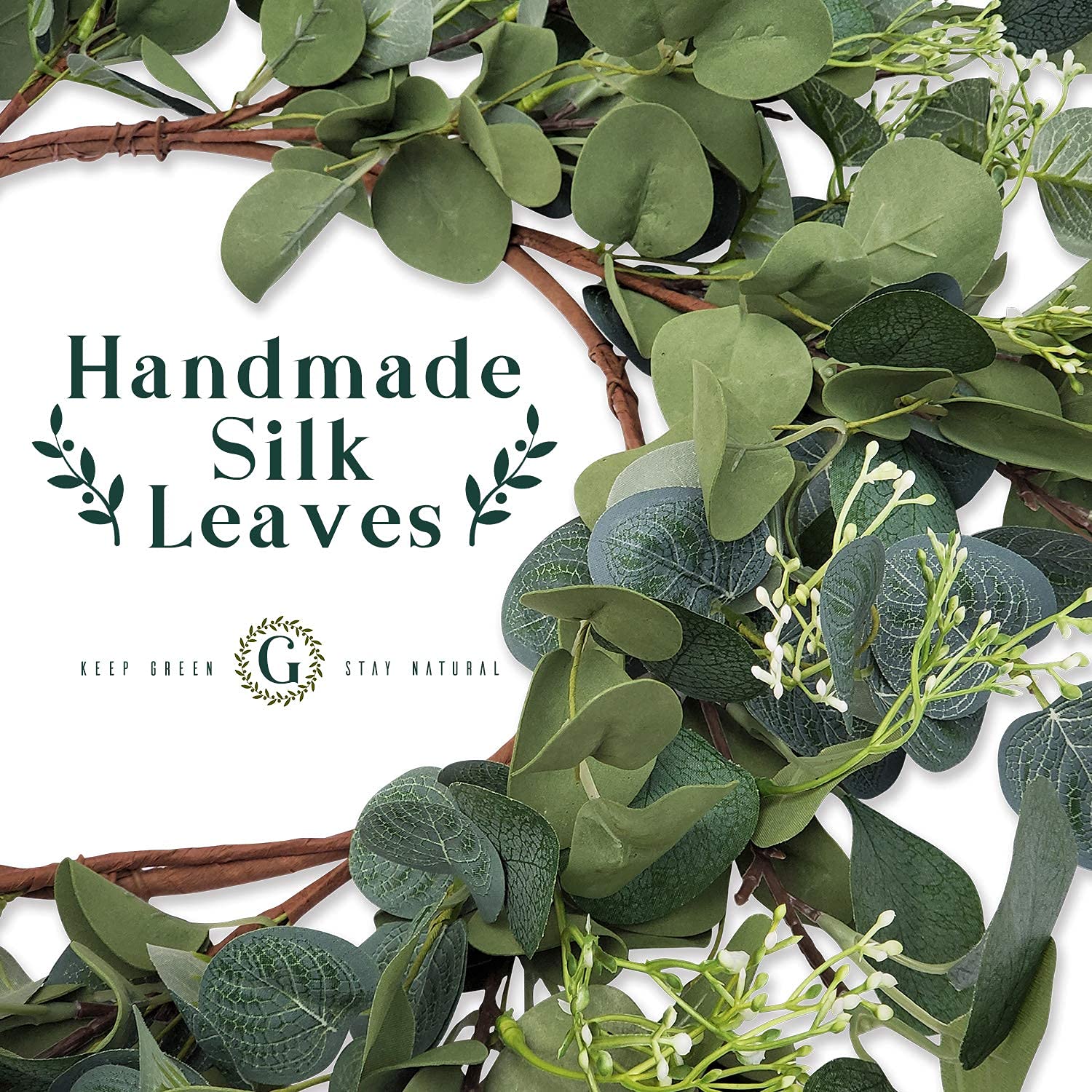 HomeKaren eucalyptus wreath silk leaves closeup highlights durable, maintenance-friendly design.