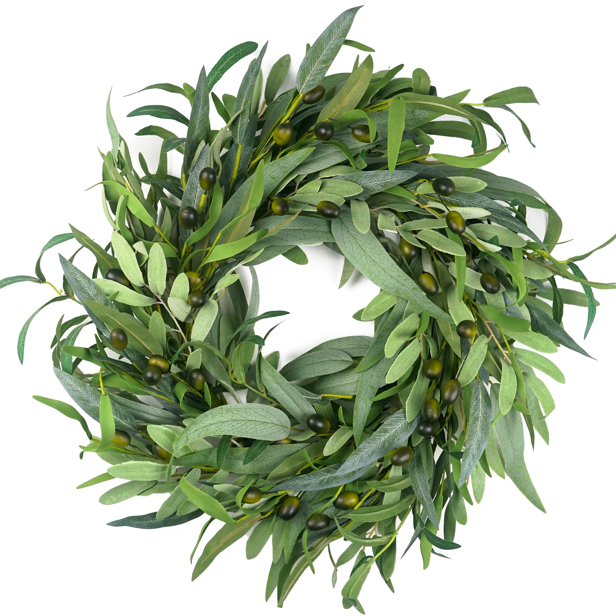 HomeKaren olive wreath on front door with lush greenery for year-round curb appeal.