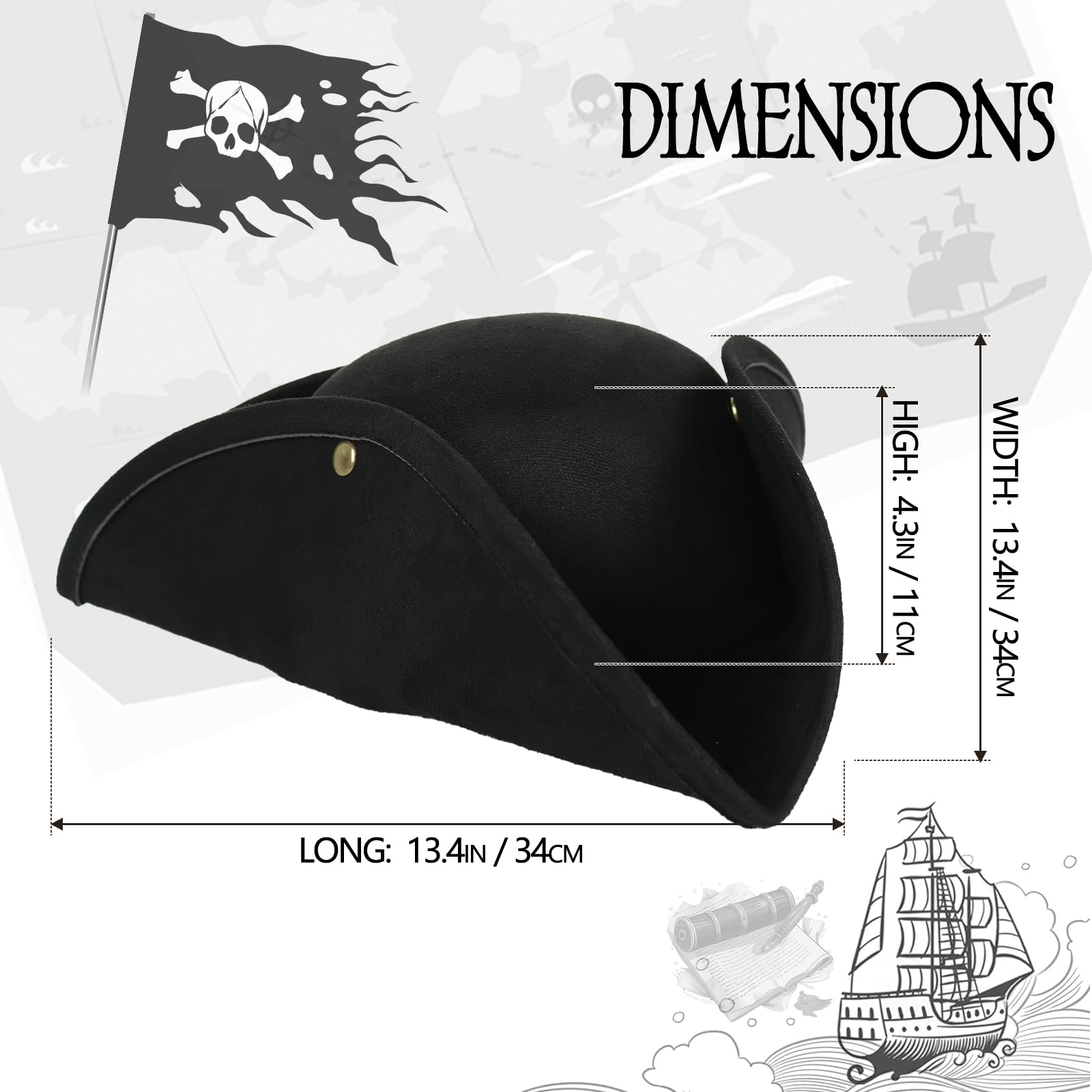 HOMELEX pirate hat for themed parties and dances in brown