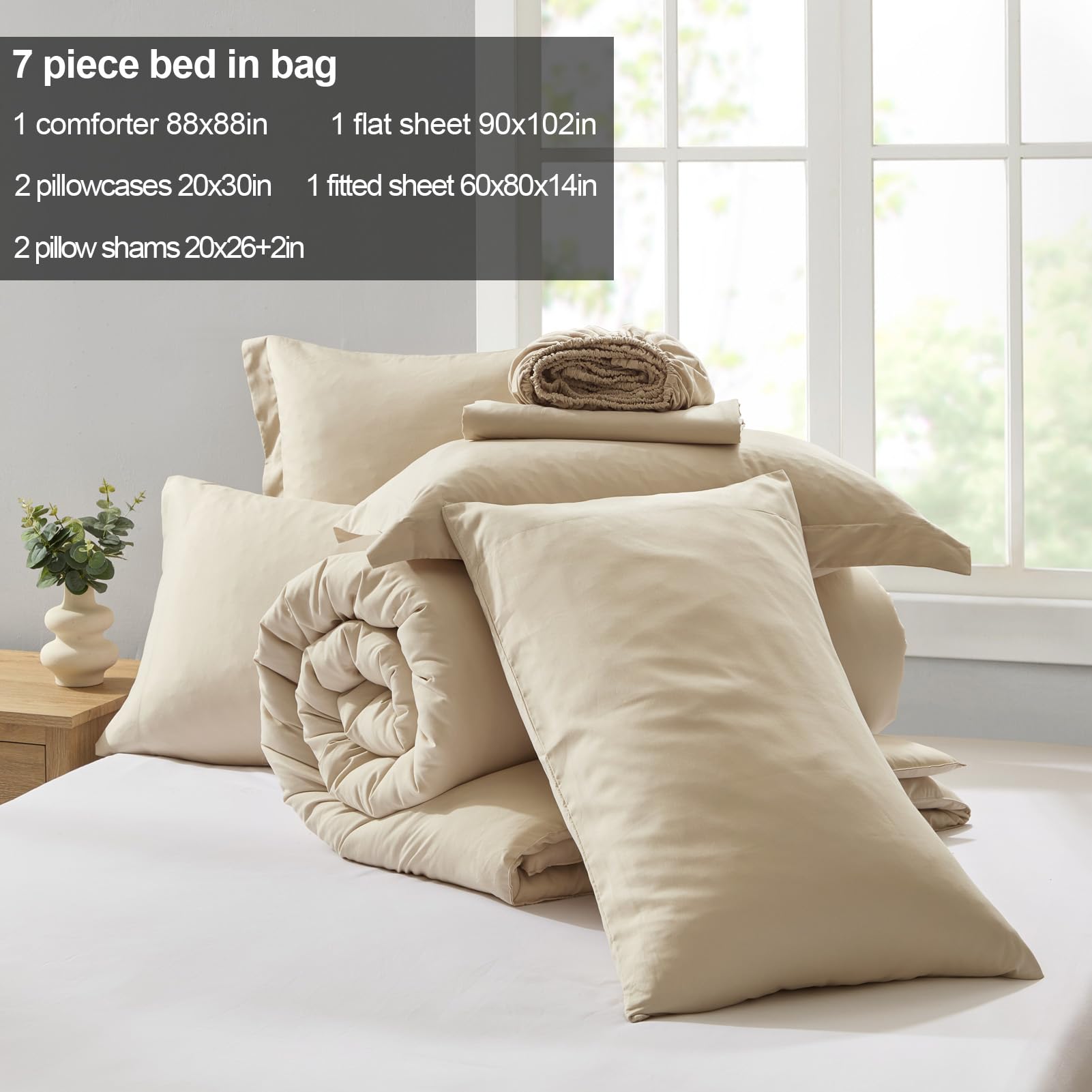 Homelike Moment beige 7-piece set; ready-to-use bed-in-a-bag for quick refresh.