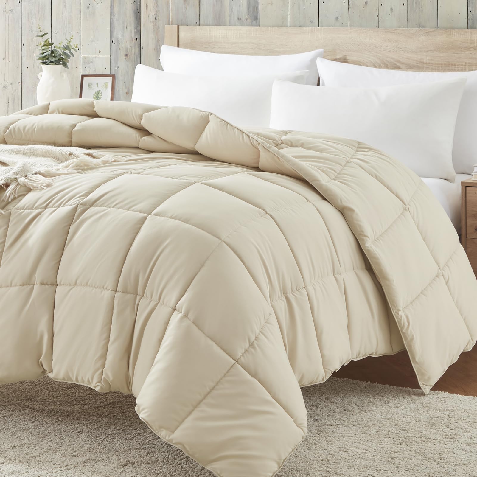 Homelike Moment beige queen comforter close-up showing soft microfiber texture for all-season comfort.