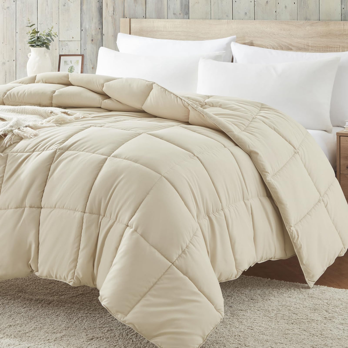 Homelike Moment beige queen comforter close-up showing soft microfiber texture for all-season comfort.