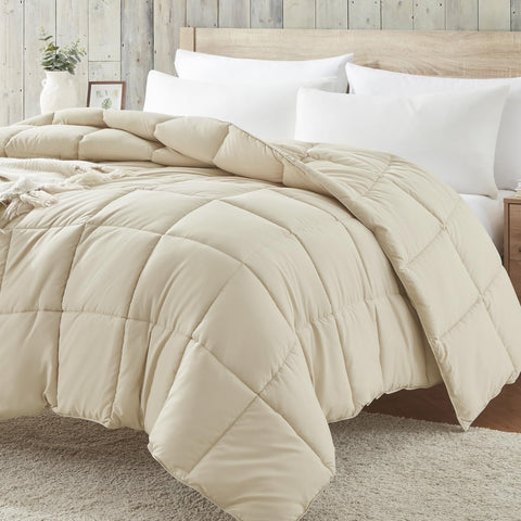 Homelike Moment beige queen comforter close-up showing soft microfiber texture for all-season comfort.