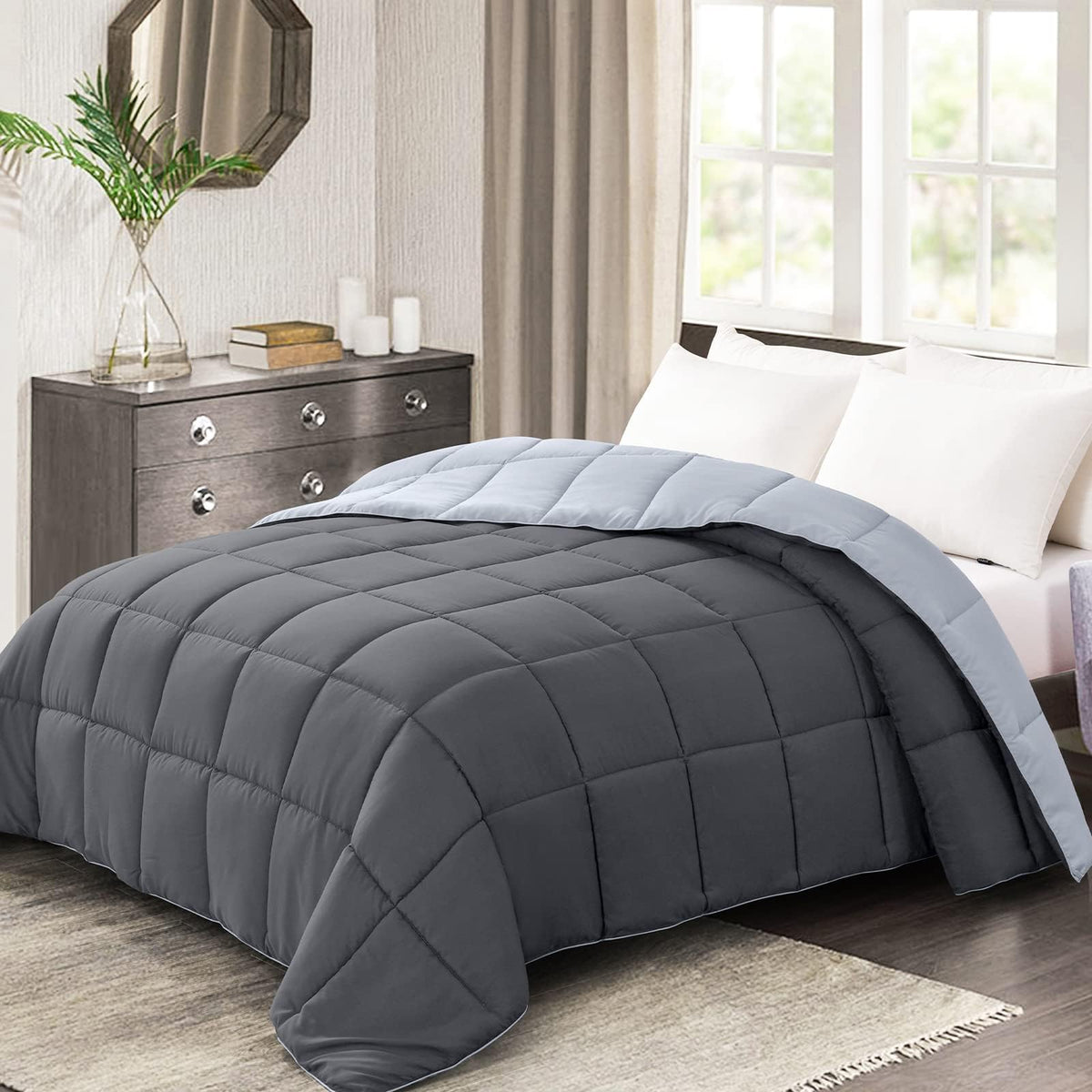 Homelike Moment king comforter reversible dark grey and light grey for seasonal styling