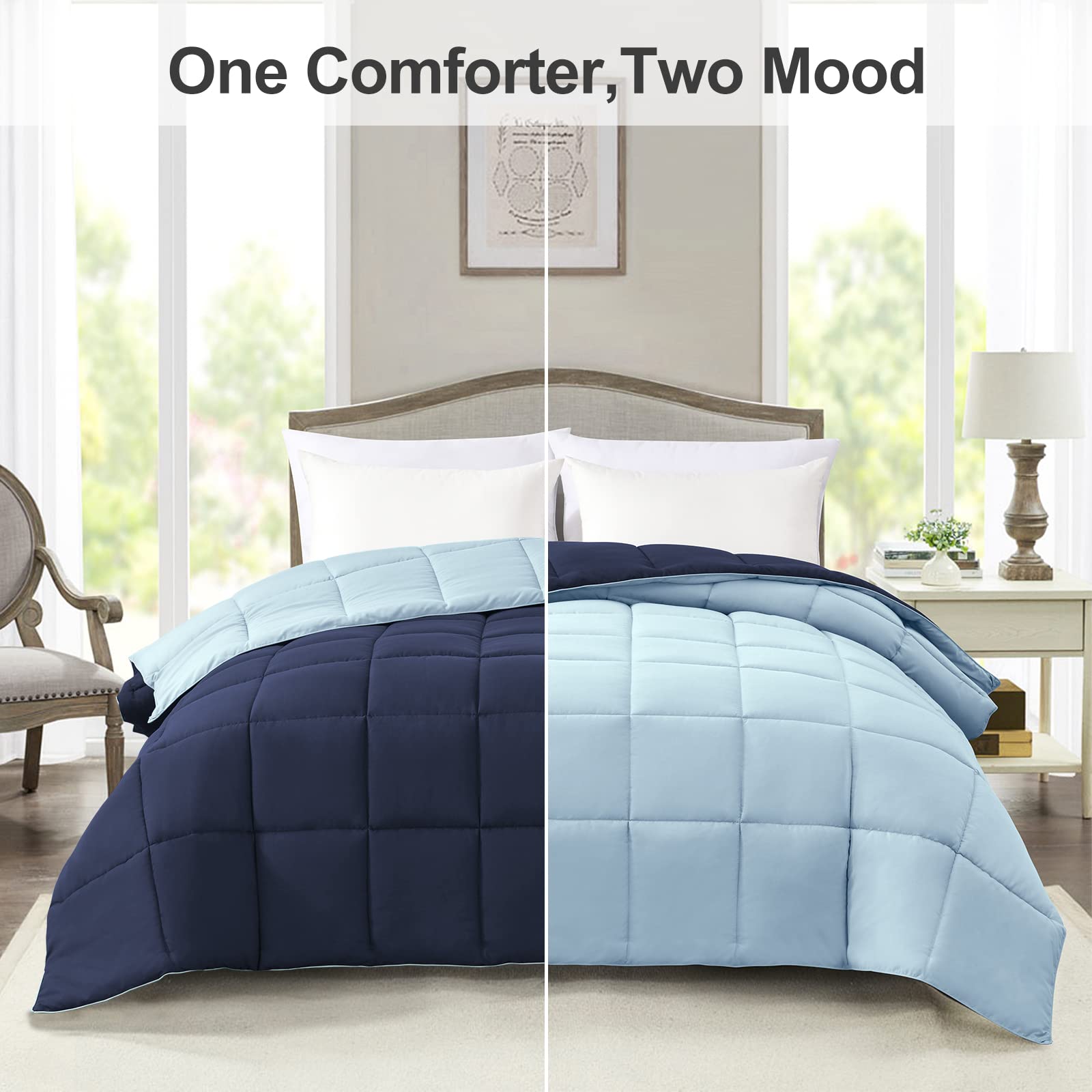 Homelike Moment comforter queen light blue reverse on bed highlights mood-friendly color swap