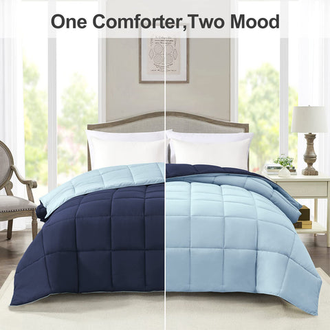 Homelike Moment comforter queen light blue reverse on bed highlights mood-friendly color swap