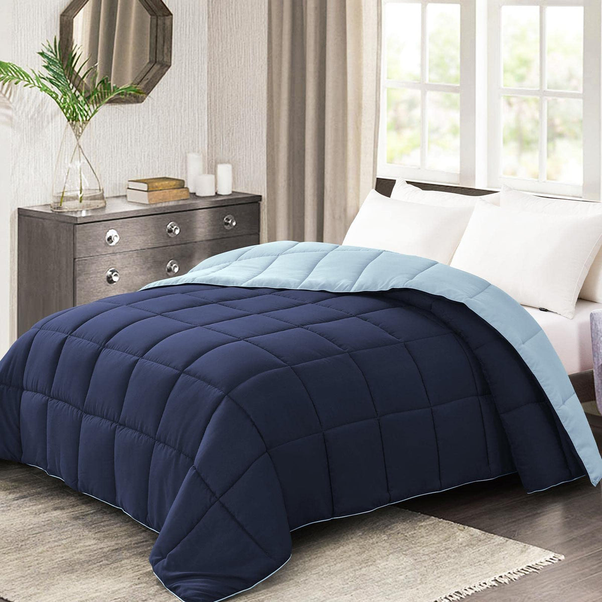 Homelike Moment comforter queen navy on bed shows reversible design for versatile styling