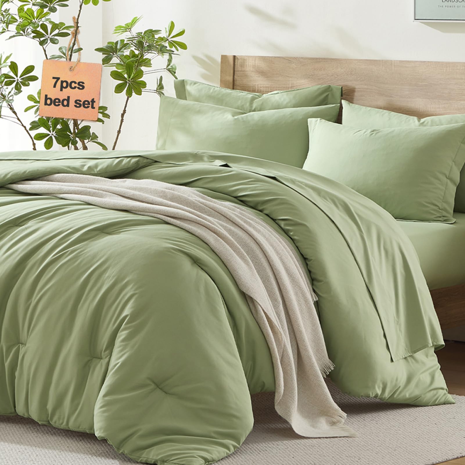 Homelike Moment queen sage-green comforter set, plush feel for year-round comfort.