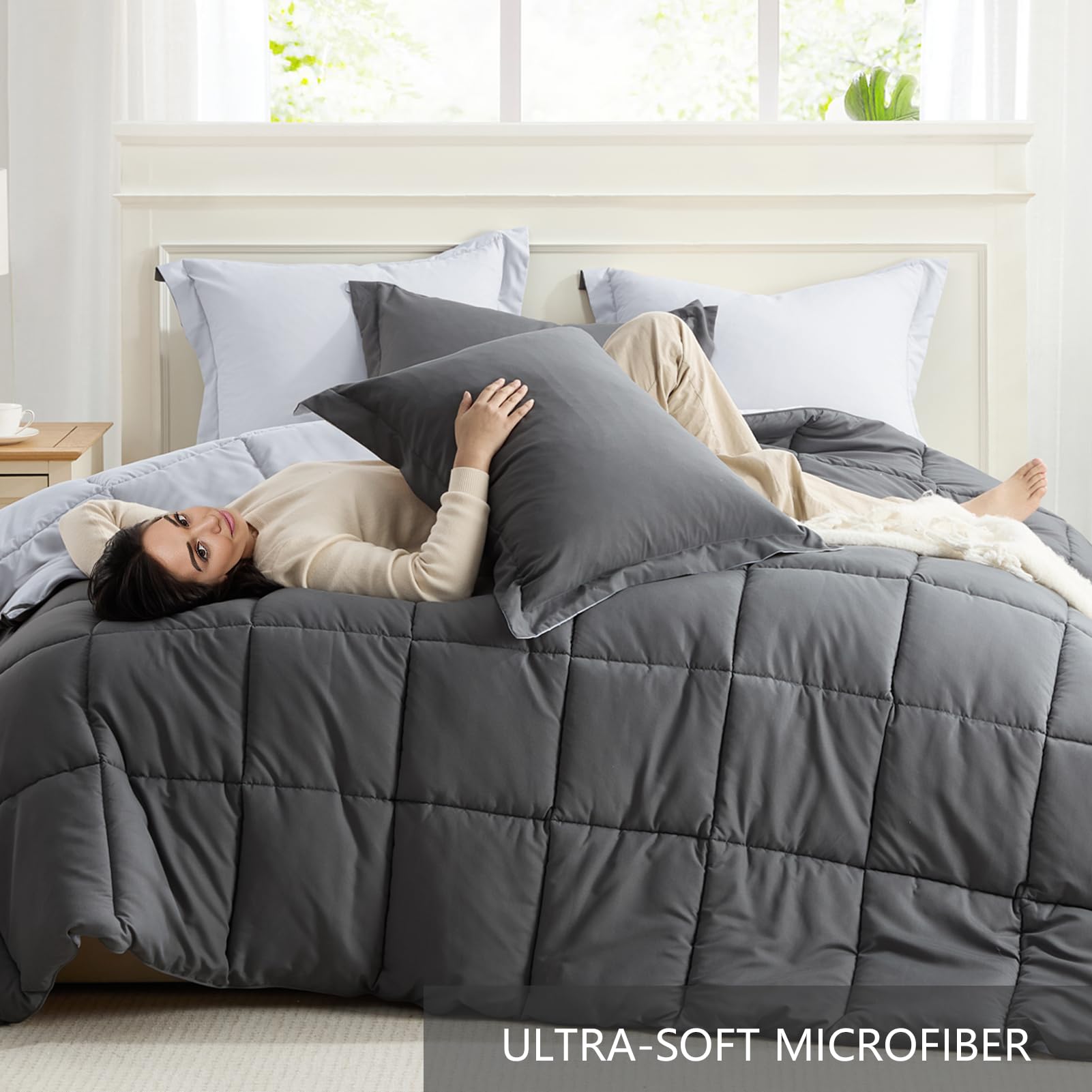 Homelike Moment reversible gray comforter for easy mood changes.