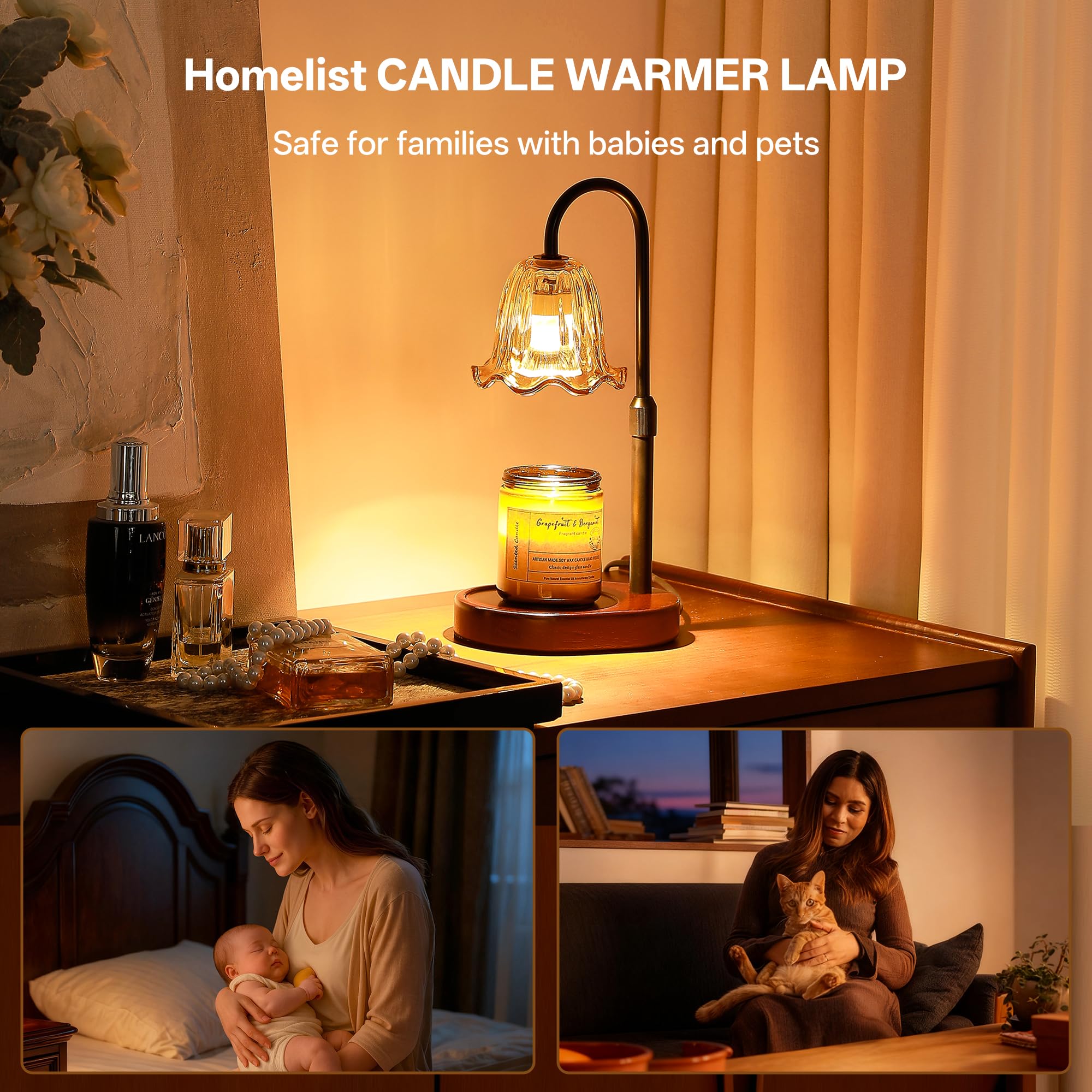 Homelist dimmable warmer side profile adds soft glow on bedside table.