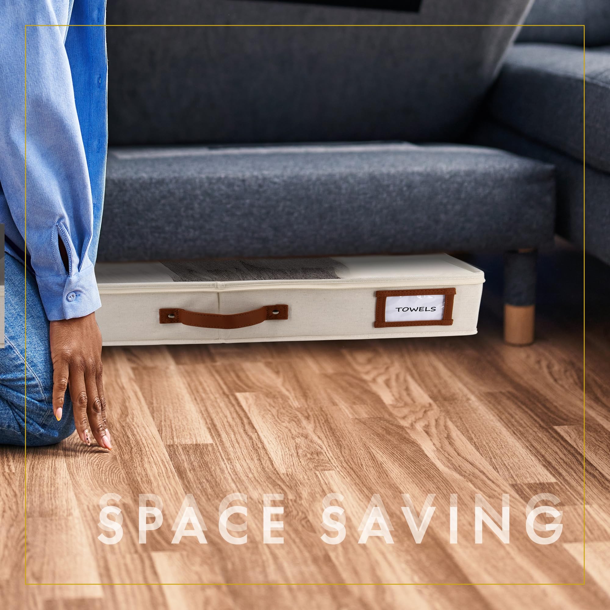 HOMELUX THEORY ivory containers organize seasonal wardrobes and shoes.