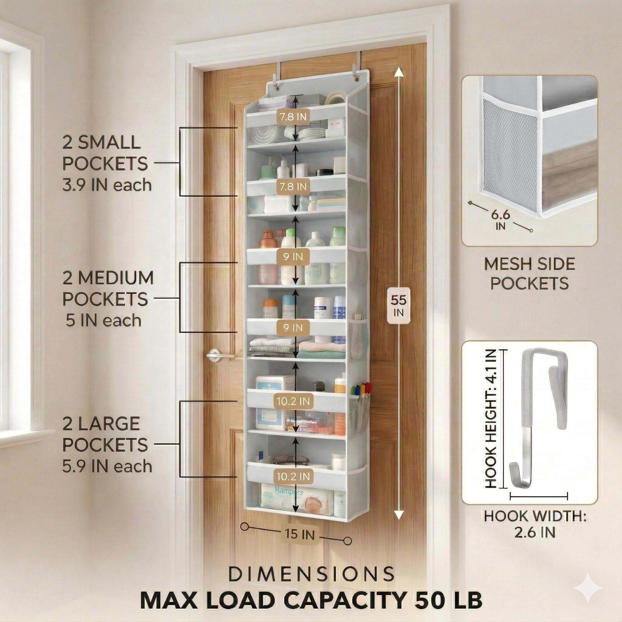 HOMELUX THEORY 12 mesh side pockets ideal for small items and accessories.