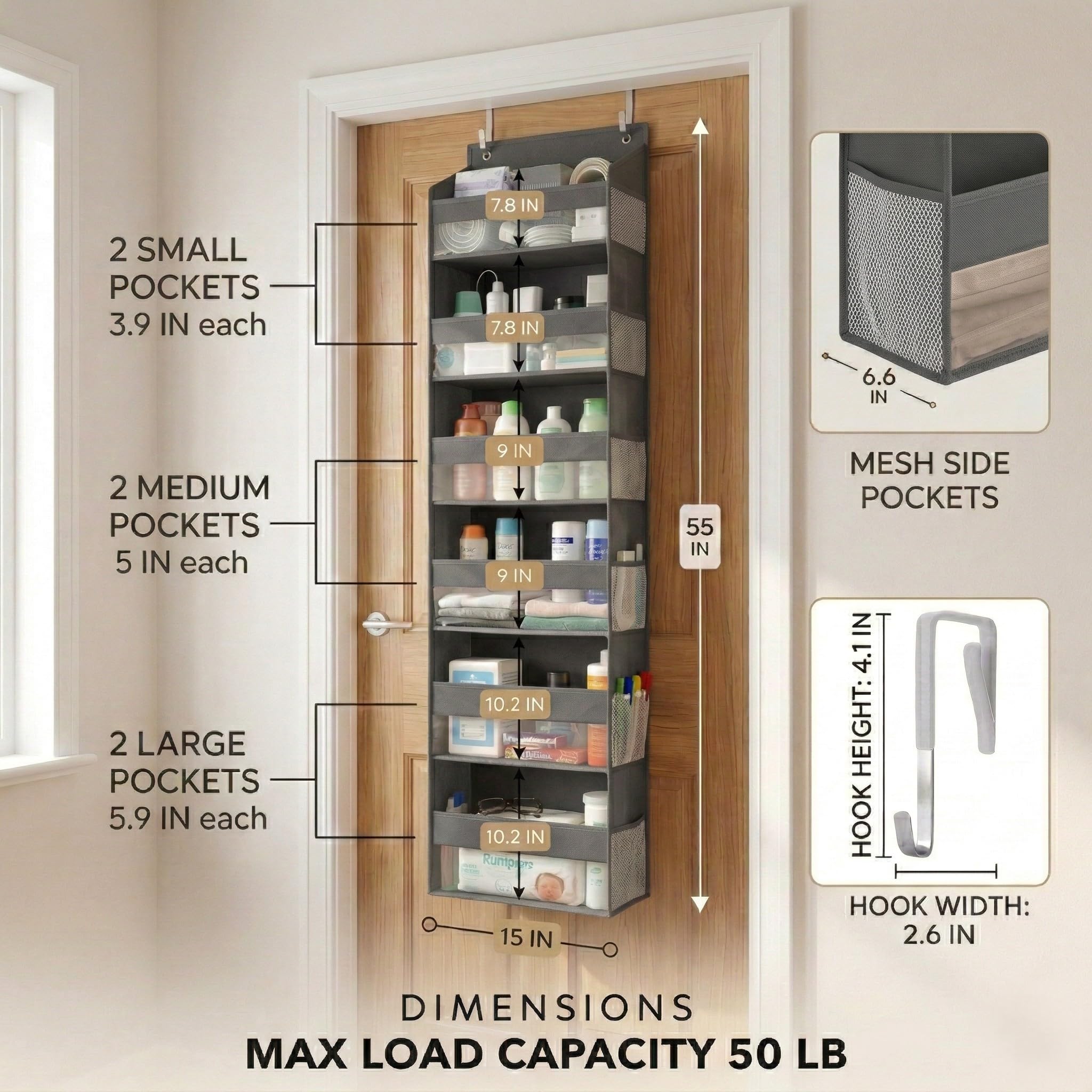 HOMELUX THEORY front pockets show varied sizes for versatile storage and quick-item retrieval