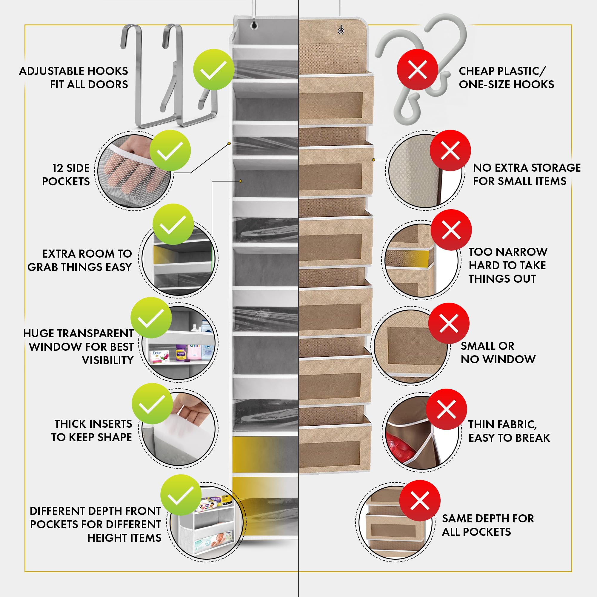 HOMELUX THEORY heavy-duty hanger design supports up to 50 lbs for reliable door storage