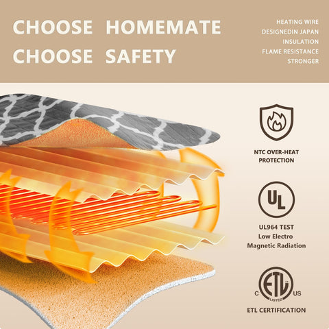 Homemate blanket features 8-hour auto-off for safe use.
