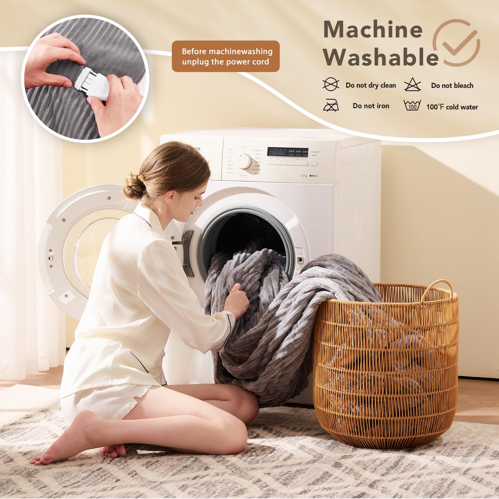 Homemate heated blanket care label highlights machine washable convenience