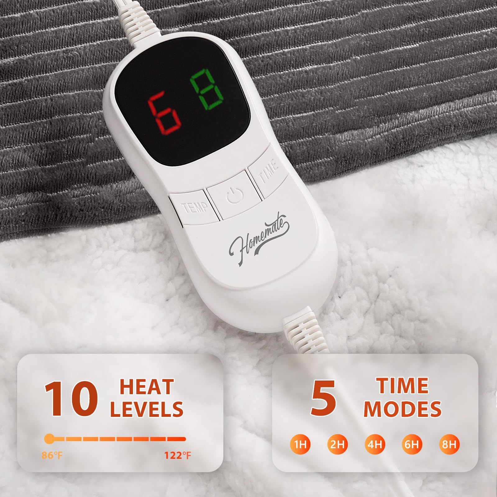 Homemate heated blanket control panel highlights 10 heat levels for customization