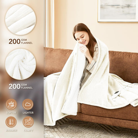 Homemate heated blanket on sofa for relaxed evenings and premium softness.