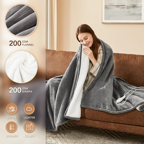 Homemate heated blanket throw shows 10 heat levels for personalized comfort.